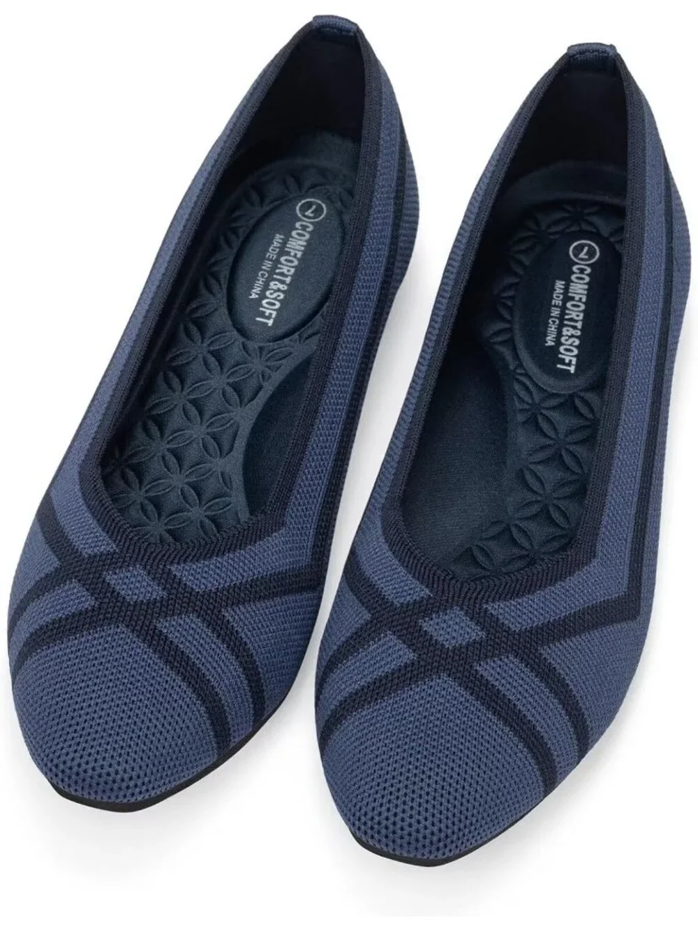 Frank Mully Women's Blue Rubber Knitted Square Toe Comfortable Slip On Flats